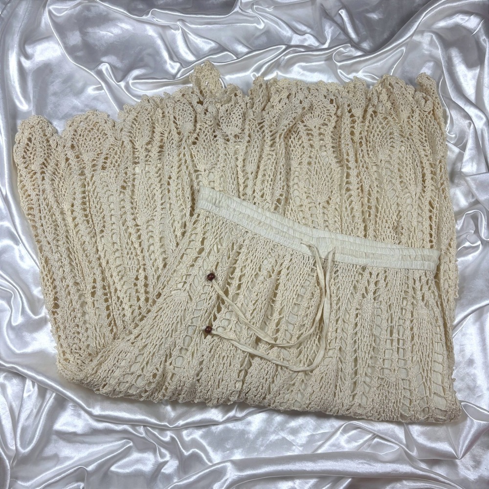 Vintage Crochet Midi Skirt Cream Excellent Boho Knit Scalloped Hem Bead Trim